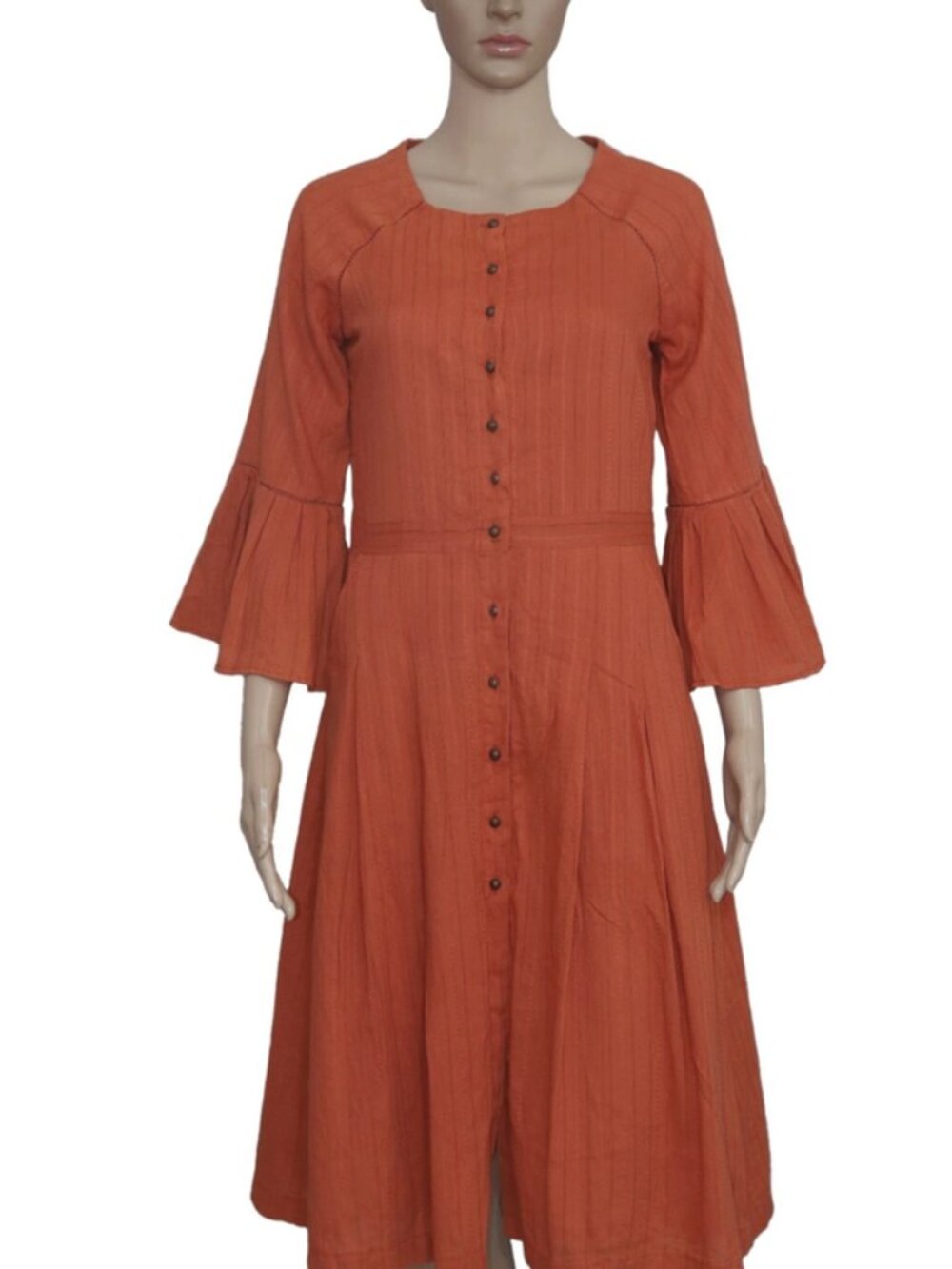 Anthropologie Lace Self Pattern Bell Sleeve Button Pleated Rust Tunic Dress S
